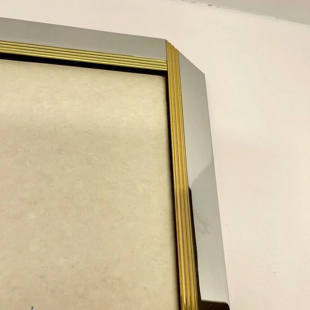 Art Deco Style Chrome & Gold Ribbed 8x10 Picture Frame Heavy Tabletop-Vintage